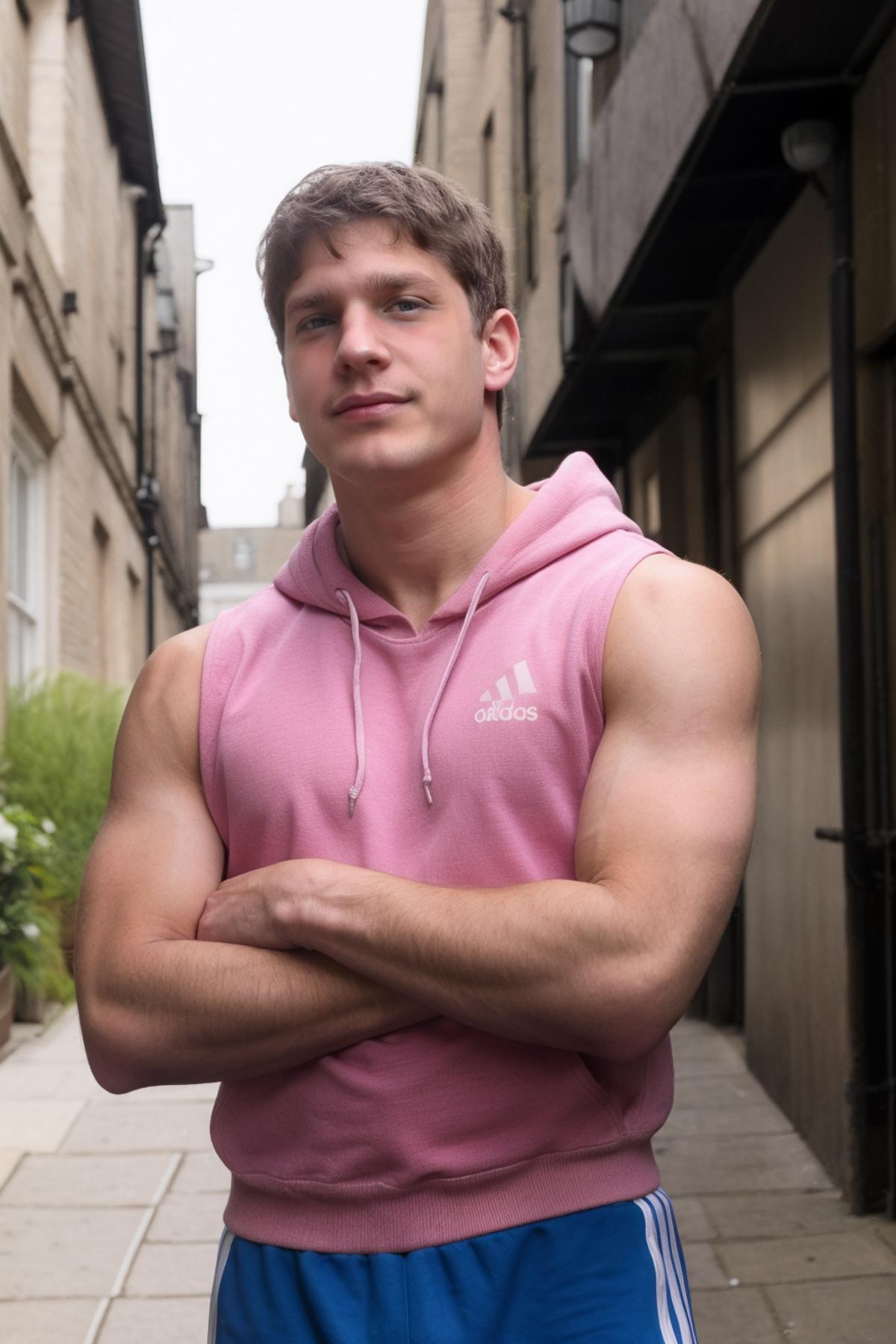 sc_brandon wearing a pink adidas sleeveless hoodie in a London alleyway shot by Bruce Weber, medium shot photo <lora:sc_br...